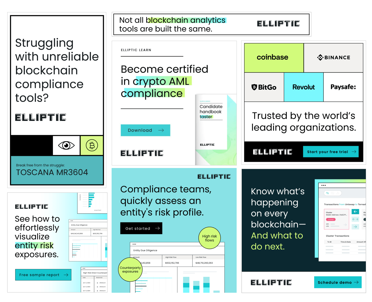 Digital ads, including display ads and paid social media ads, for Elliptic, a blockchain analytics and regulatory tech company