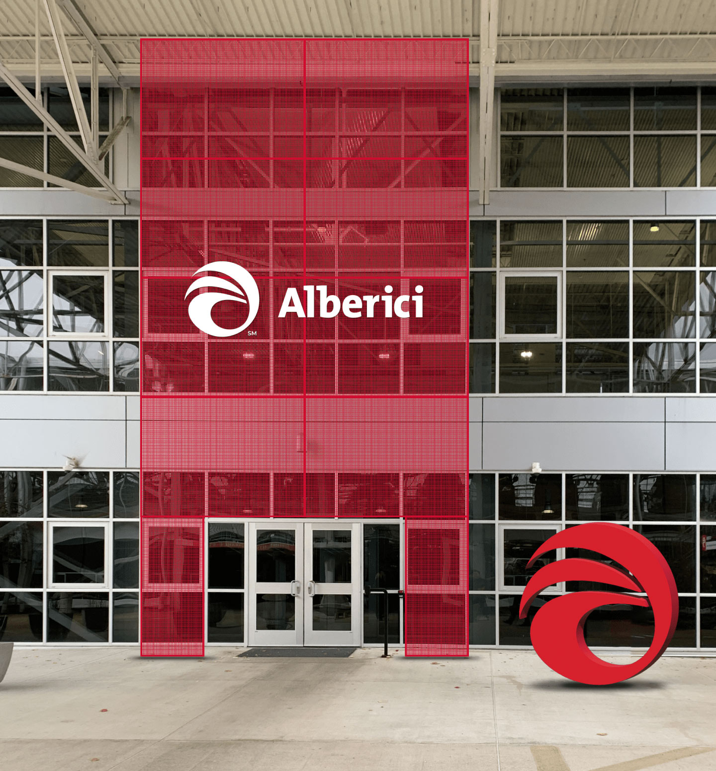 A mockup of new environmental branding on the exterior entrance of the Alberici headquarters