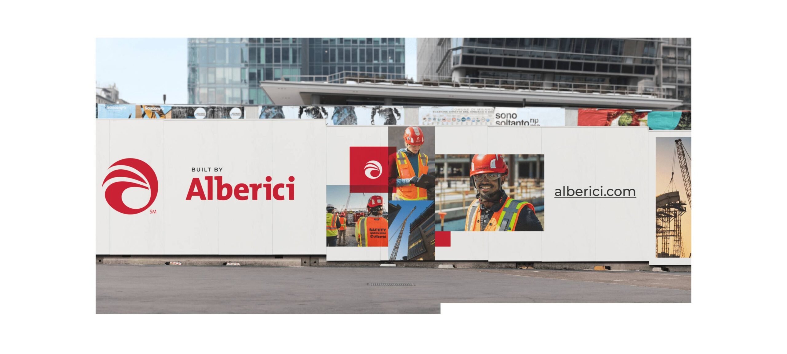 A branded construction fence wrap with Alberici's refreshed commercial construction branding