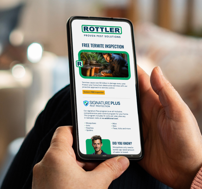 The Rottler Pest Solutions branding applied to an email displayed on a phone