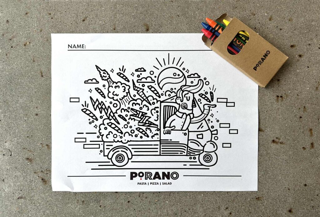 A coloring sheet featuring one of the original illustrations Atomicdust created for Porano Pasta