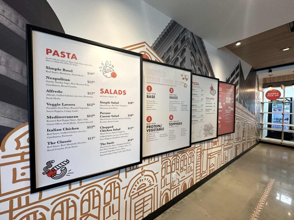 Menu boards at Porano Pasta