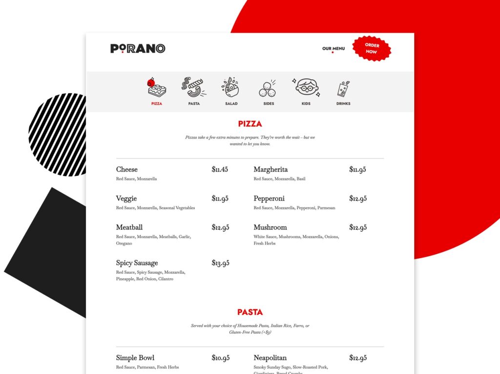 Porano Pasta fast casual restaurant website design menu