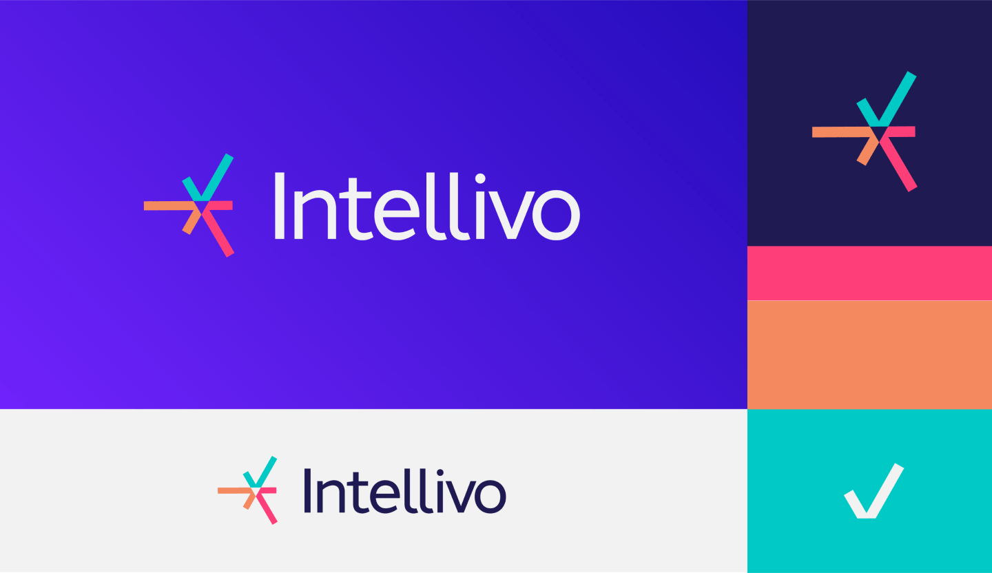 Intellivo brand visuals, including variations of the logo and logo mark, and brand colors