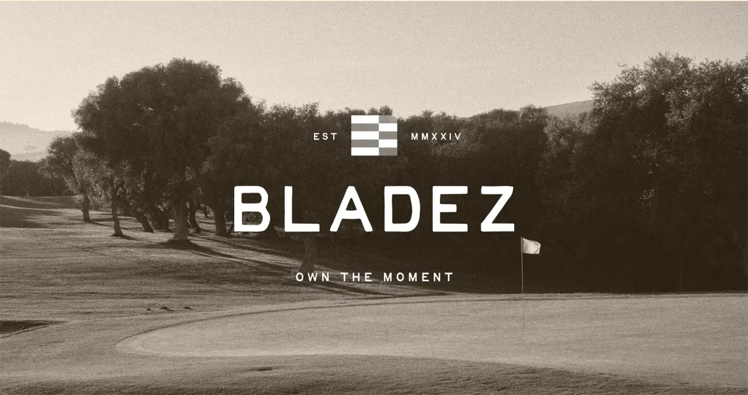 Bladez branding and logo with Own the Moment tagline in front of a vintage golf course photo