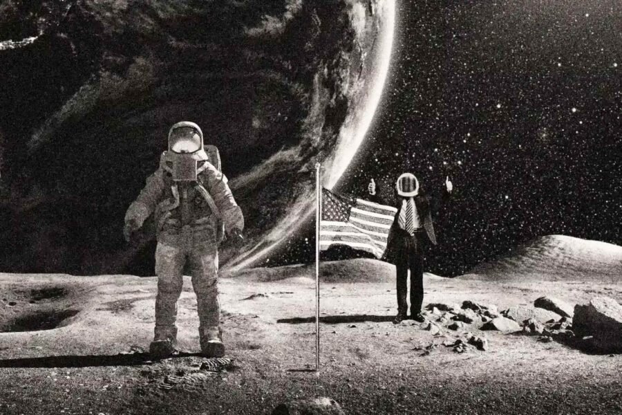 A grainy, black and white image showing an astronaut on the moon with an American flag and a Charles L. Crane Agency agent standing in the background with two thumbs up