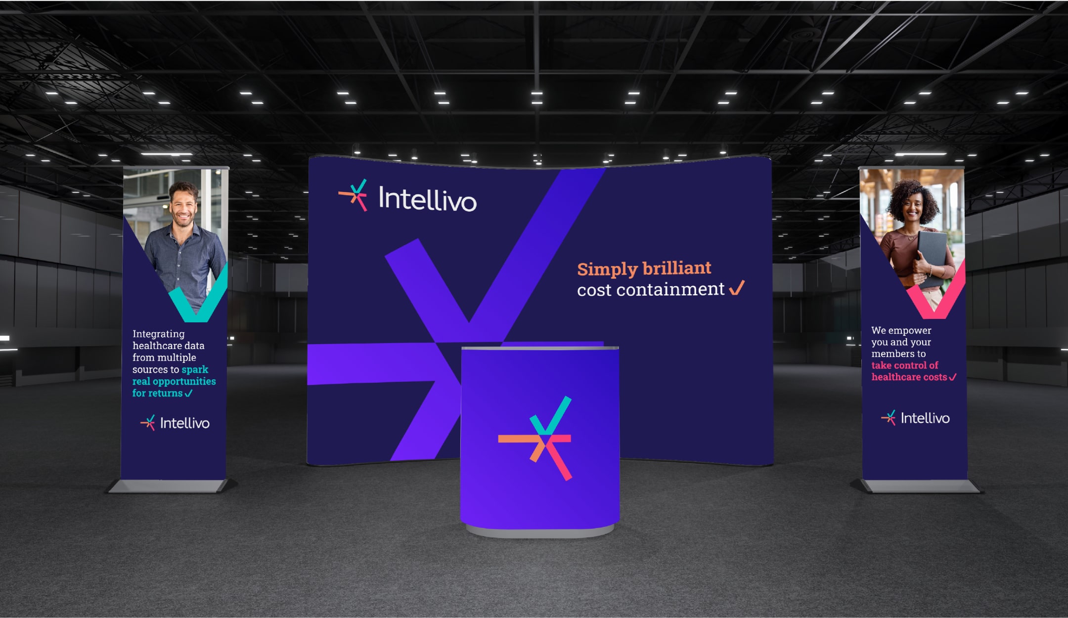 A tradeshow booth design for Intellivo featuring the new brand identity